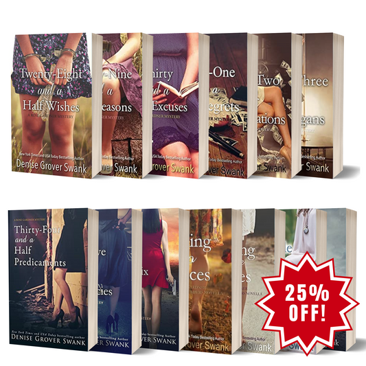 A series of paperback books titled 'The Rose Gardner Mystery Ultimate Book Bundle', featuring various cover designs indicative of a mystery genre, with a promotional sale sticker for 25% off.