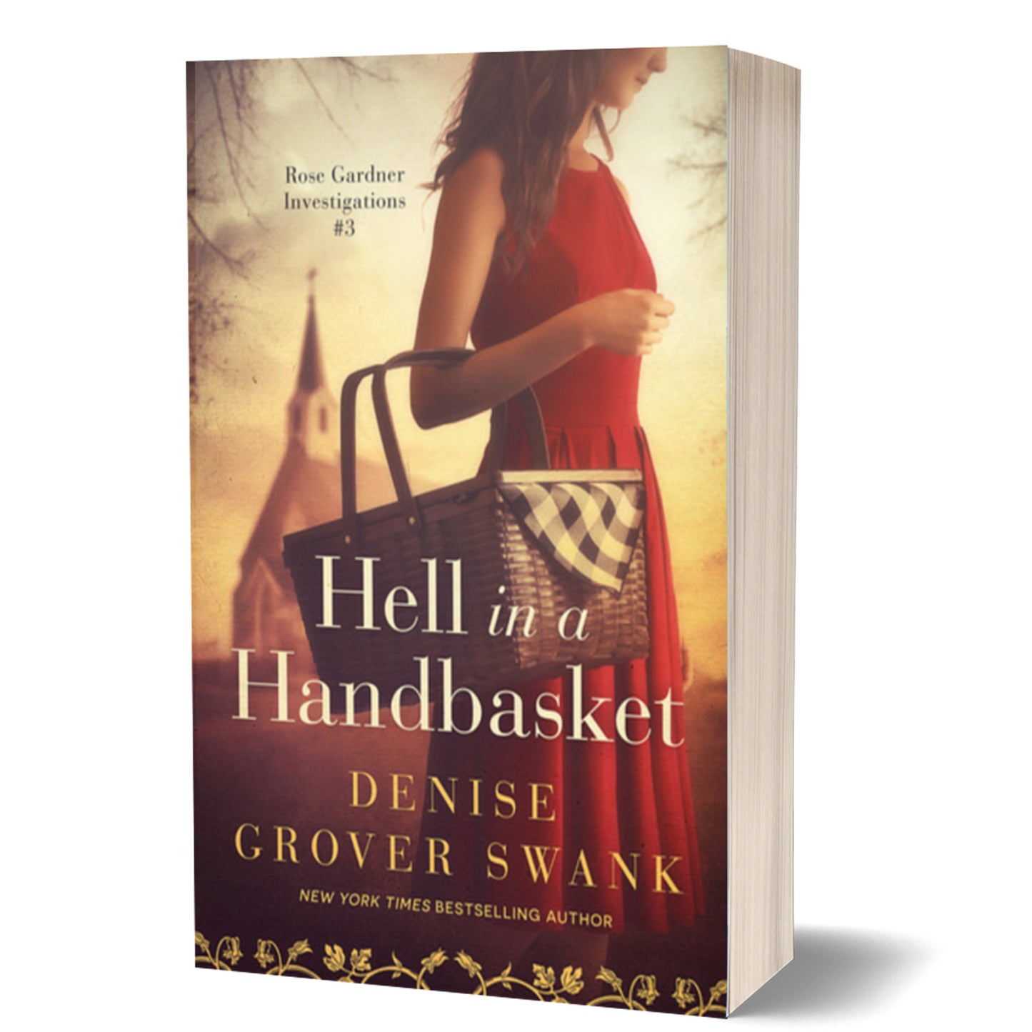 Book cover of 'Hell in a Handbasket' by Denise Grover Swank with a woman in a red dress holding a handbag.