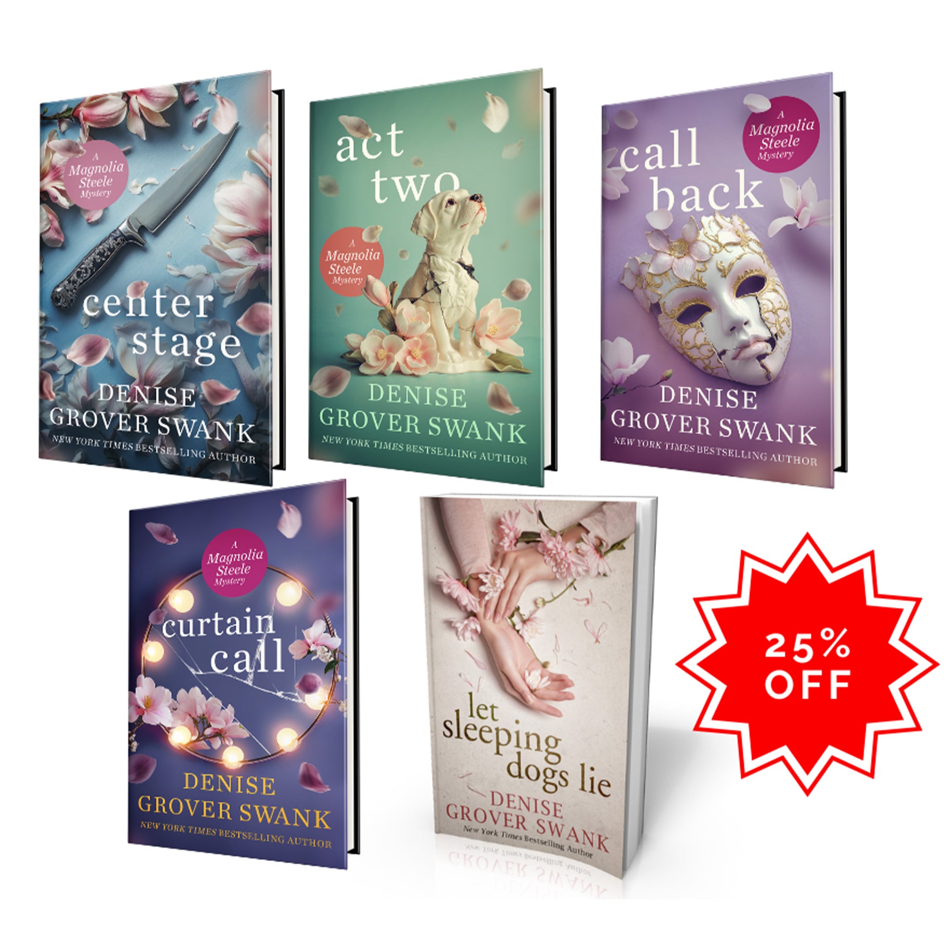 image of paperback books in the magnolia steele paperback bundle - center stage, act two, call back, curtain call, and let sleeping dogs lie