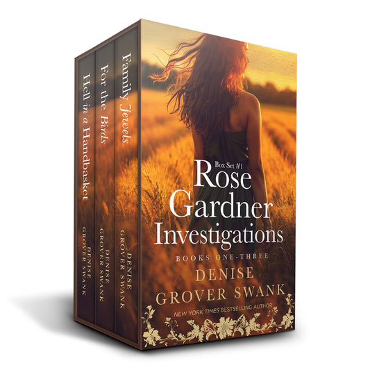 Box set of 'Rose Gardner Investigations' books with a woman in a field on the cover