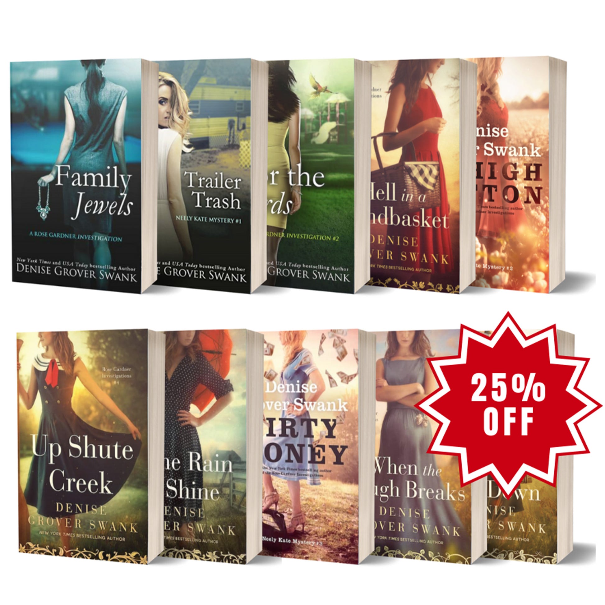 Collection of Denise Grover Swank books with a 25% off discount label.