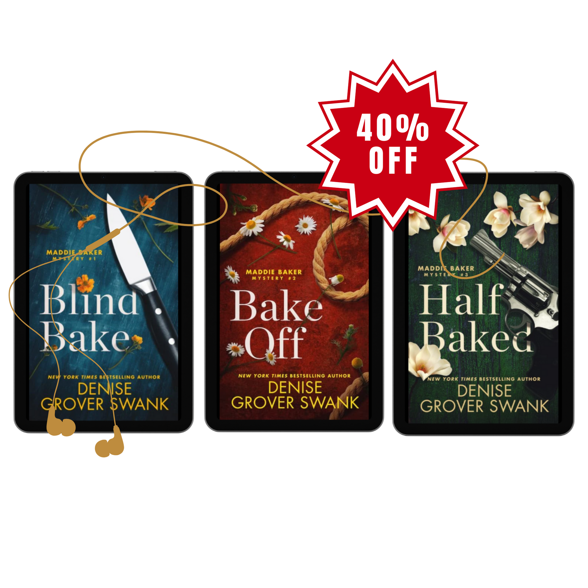 Promotional image featuring three audiobook covers with the Maddie Baker Mysteries series. Books are labeled 'Blind Bake', 'Bake Off', and 'Half Baked' with a '40% off' discount badge.