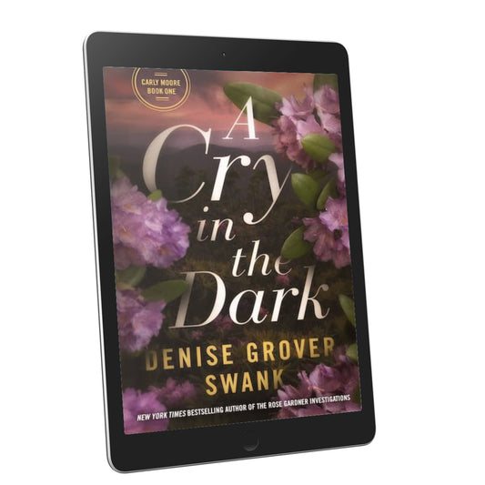 Tablet displaying the book cover of 'A Cry in the Dark' by Denise Grover Swank on a white background