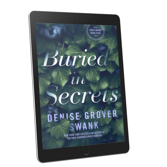 Tablet displaying the book cover of 'Buried in Secrets' by Denise Grover Swank on a white background