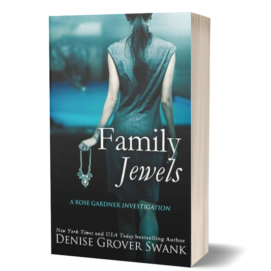 Book cover of 'Family Jewels' by Denise Grover Swank with a person holding a necklace.
