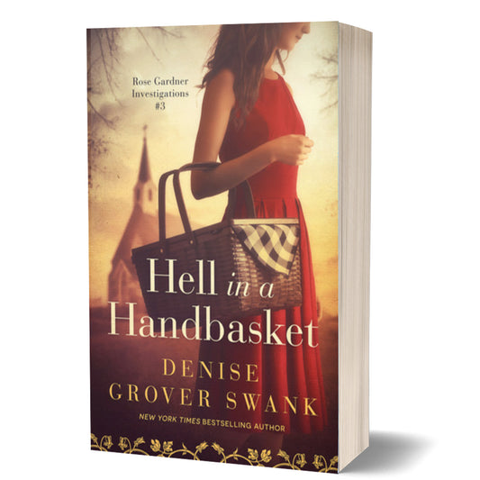 Book cover of 'Hell in a Handbasket' by Denise Grover Swank with a woman in a red dress holding a handbag.