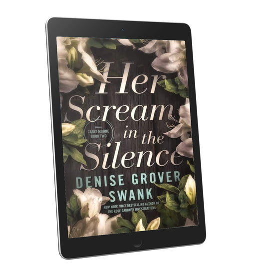 Tablet displaying the book cover of 'Her Scream in the Silence' by Denise Grover Swank on a white background.