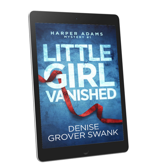 Tablet displaying the book cover of 'Little Girl Vanished' by Denise Grover Swank on a white background