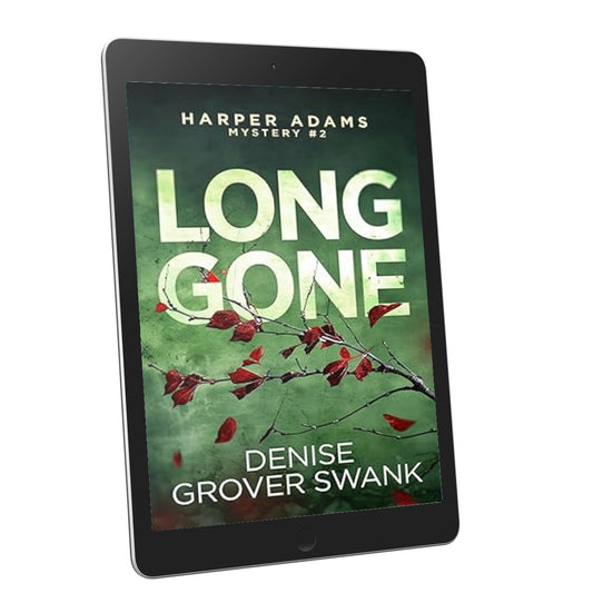 Tablet displaying the book cover of 'Long Gone' by Denise Grover Swank on a white background
