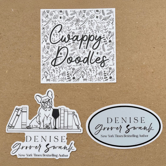 Set of stickers with 'Cwappy Doodles' and 'Denise Grover Swank' branding on a brown background.