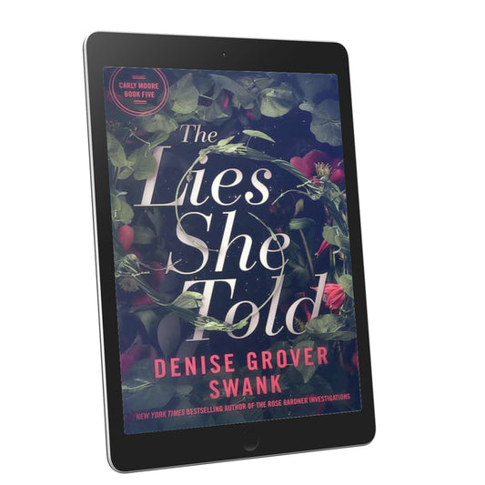 Tablet displaying the book cover of 'The Lies She Told' by Denise Grover Swank on a white background