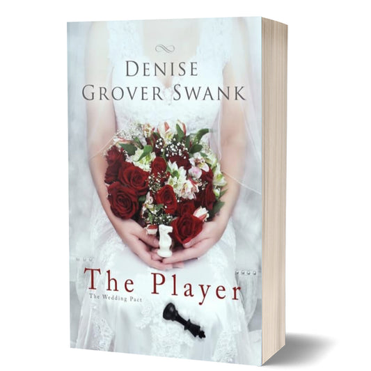 Paperback book cover of 'The Player' by Denise Grover Swank featuring a woman in a white dress holding a bouquet of red roses.